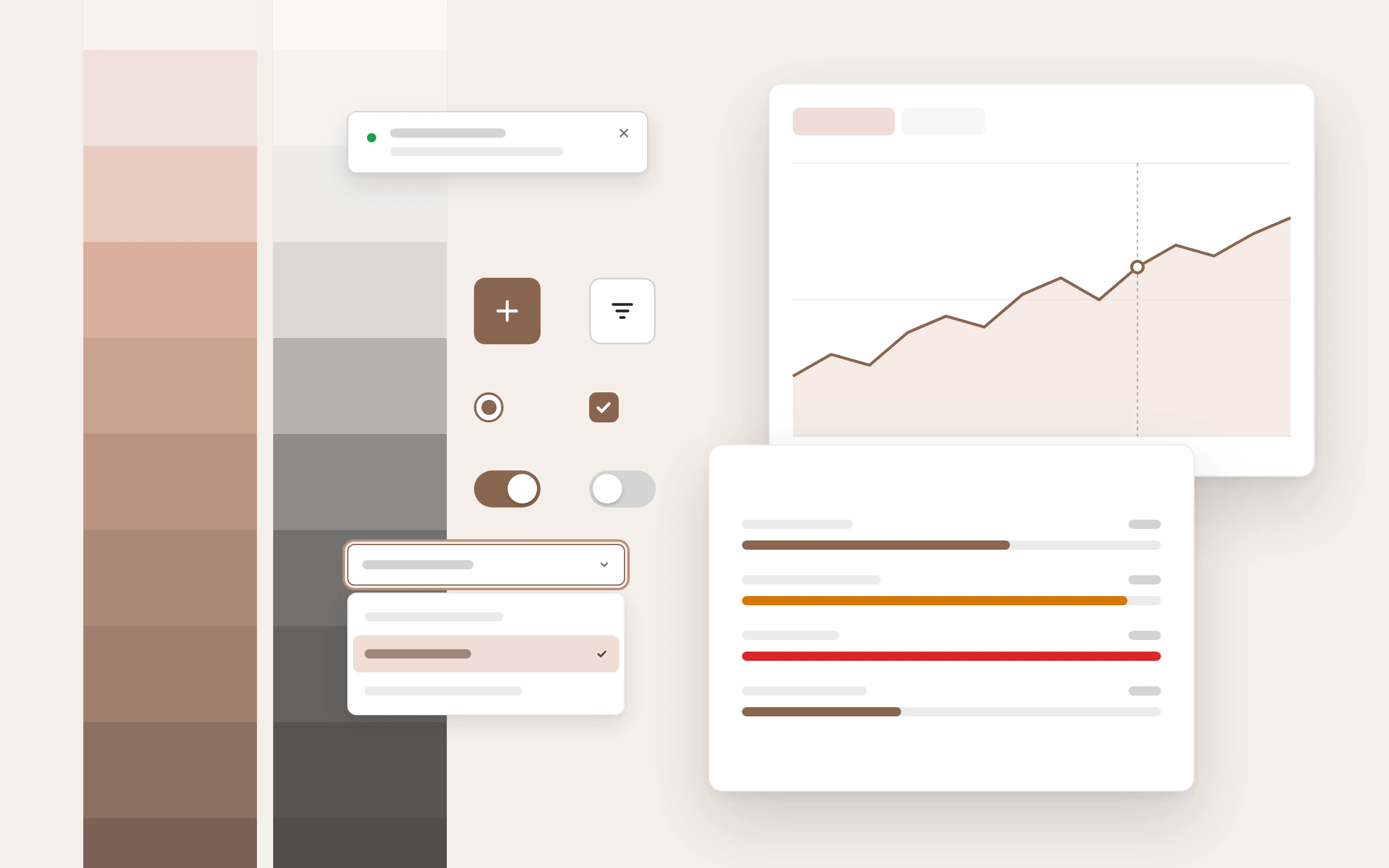 Onomondo design system in layers: brand and neutral colour ramps in the background, buttons, a radio, checkbox, switches, a toast and a dropdown in the middle, and a chart card and usage card in front